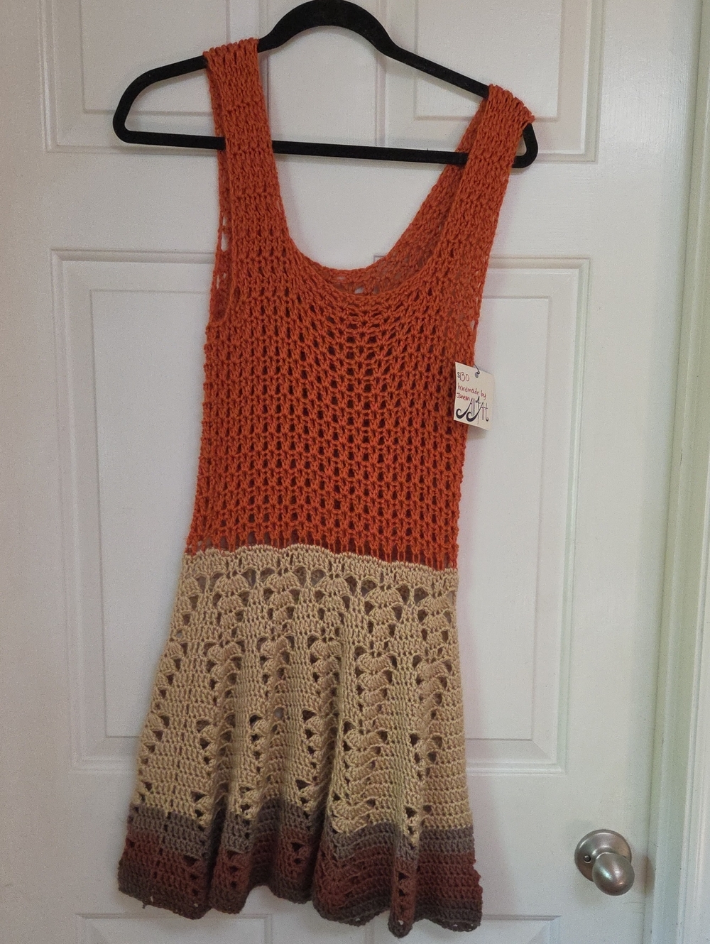 Handcrafted Crochet Tank Dress in Burnt Orange & Cream Brown Gray.